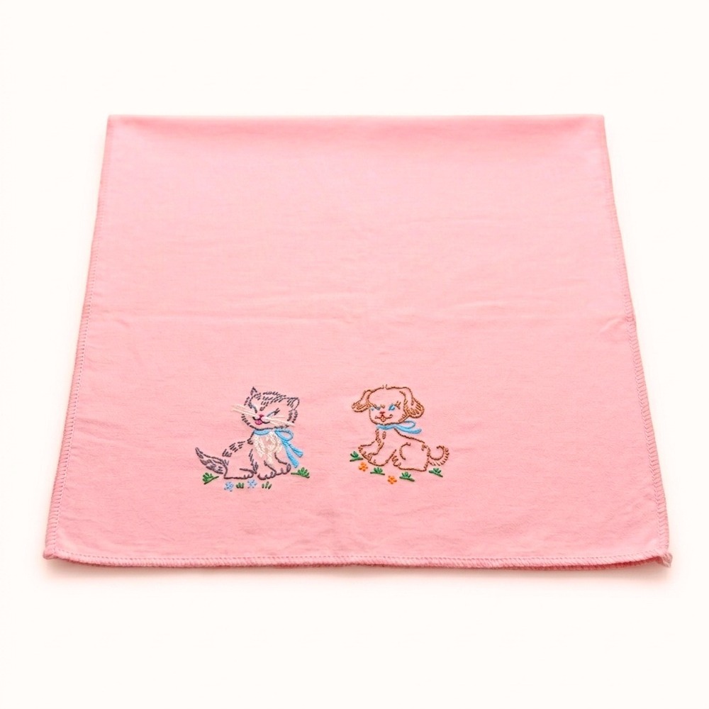 VTG‎ MCM Cat Dog Embroidery Kitchen Tea Towel Dishcloth Linen Pink Puppy Kitten